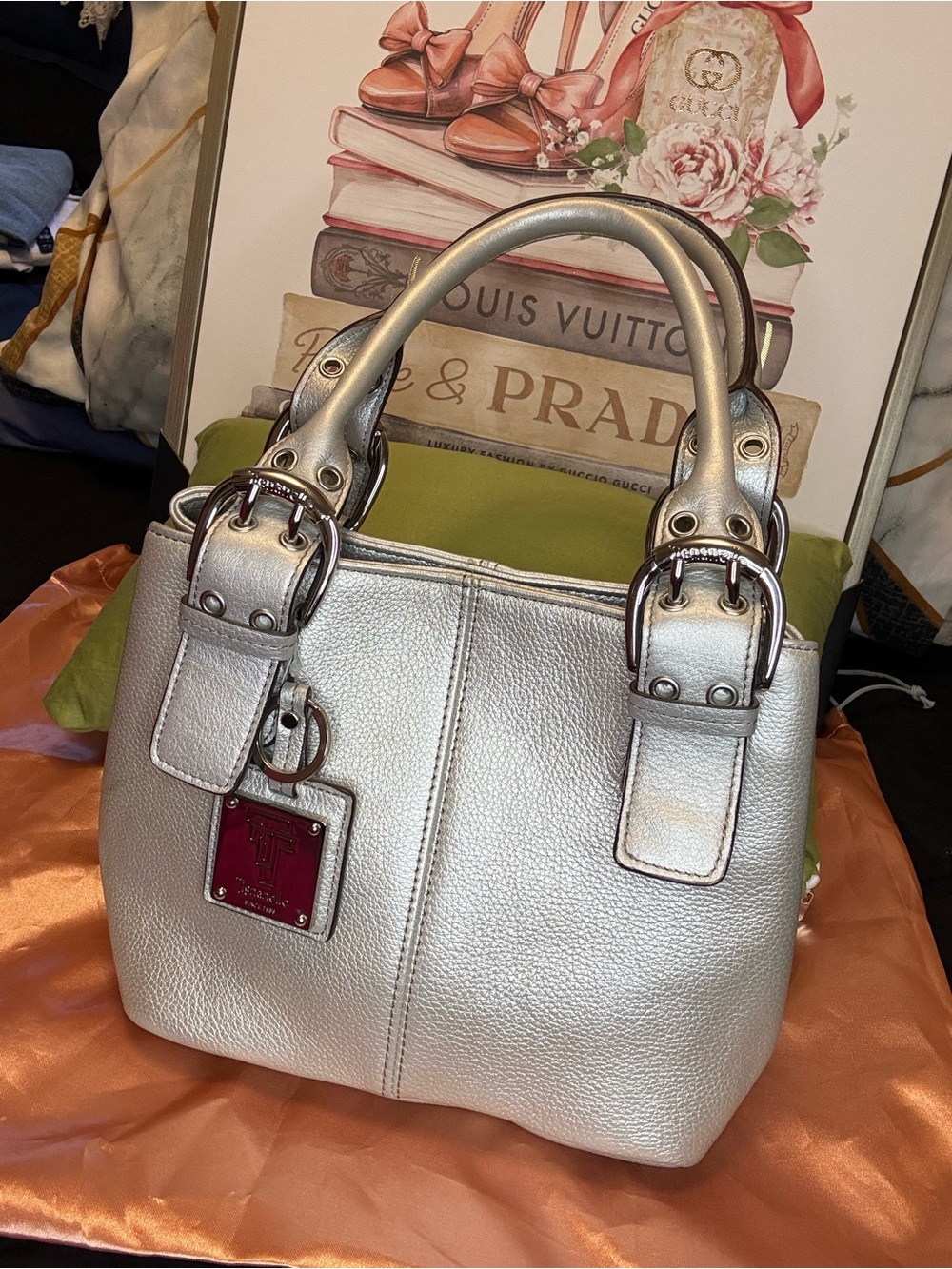 Tignanello Metallic Silver Leather Shoulder Bag